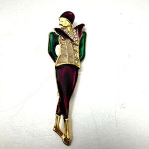 Vintage Art Deco Style Enamel Figural Lady Brooch Rhinestone Accent